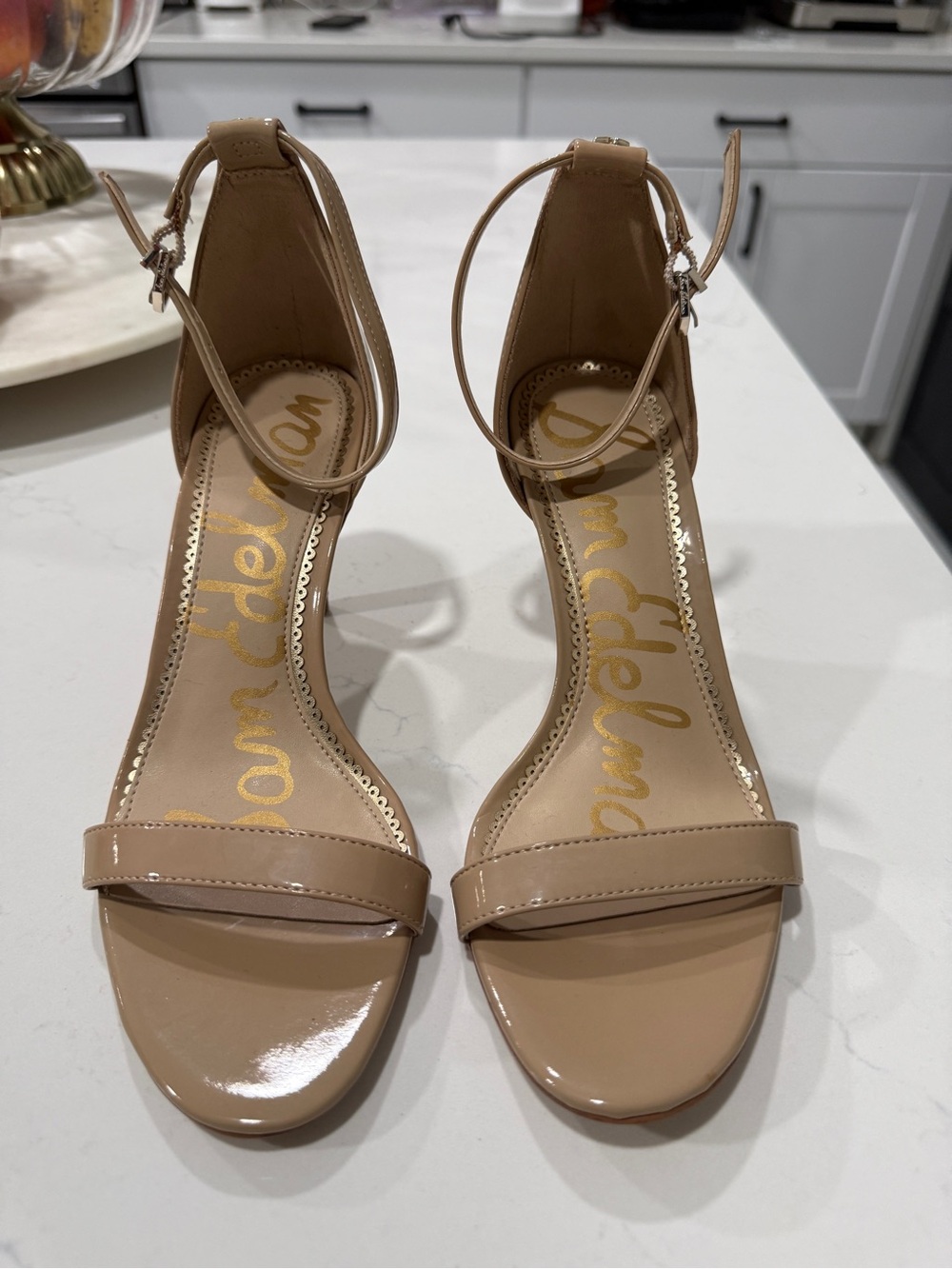 Sam Edelman Beige Patent Ankle-Strap Kitten Heels